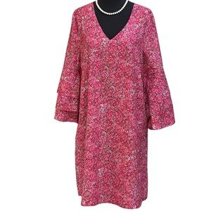 NoraCora Pink Floral V Neck Dress Sz S Silky 3/4 Length Ruffle Sleeve Floral NWT